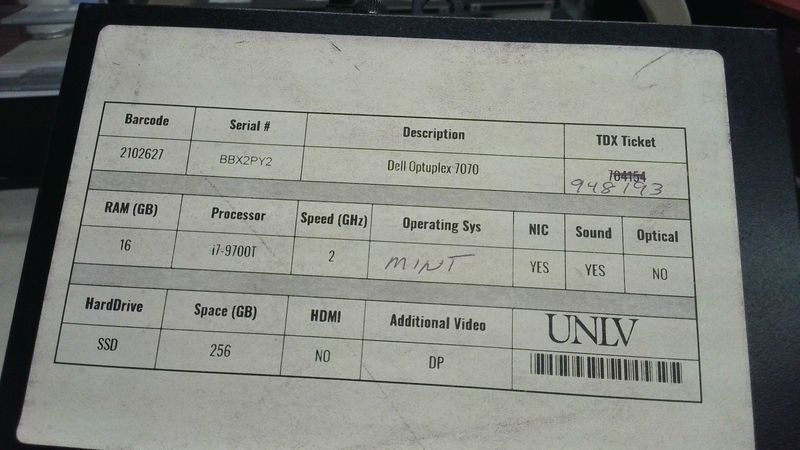 Surplus Center DELL OptiPlex 7070 MFF MLK TAG: 2102627 SN: BBX2PY2 – UNLV Surplus Center