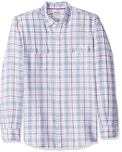 Amazon Brand - Goodthreads Men's Slim-Fit Long-Sleeve Linen and Cotton Blend Shirt, Blue/Pink Plaid, X-Large